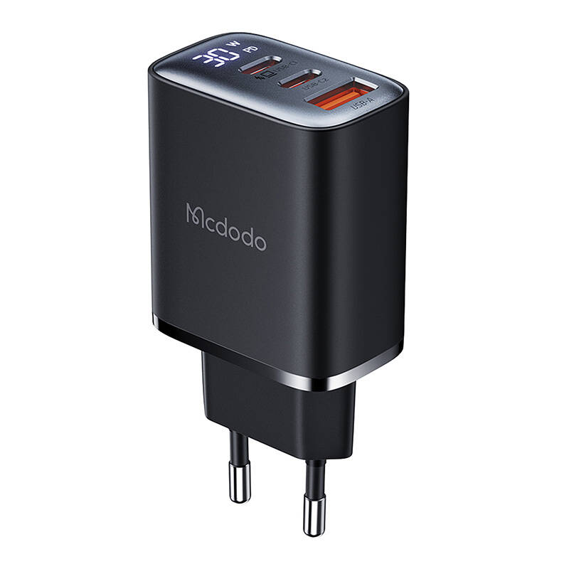 Mcdodo CH-2180 2xUSB-C + USB-A, 30W mrežni punjač sa zaslonom (crni)