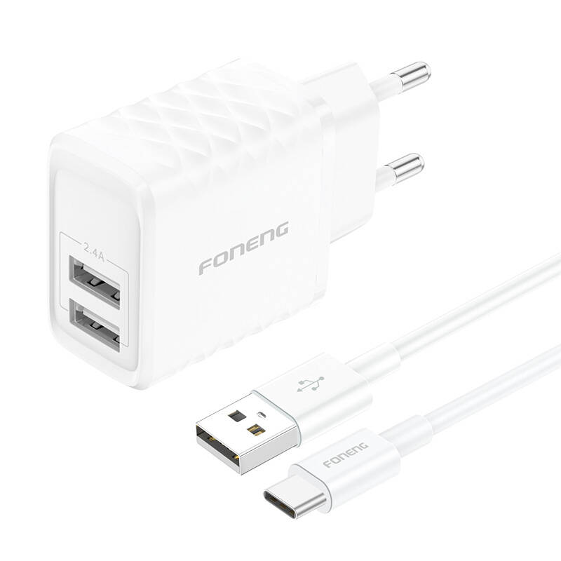 Foneng EU53 2xUSB-A, 2.4A mrežni punjač (bijeli) + USB-C kabel