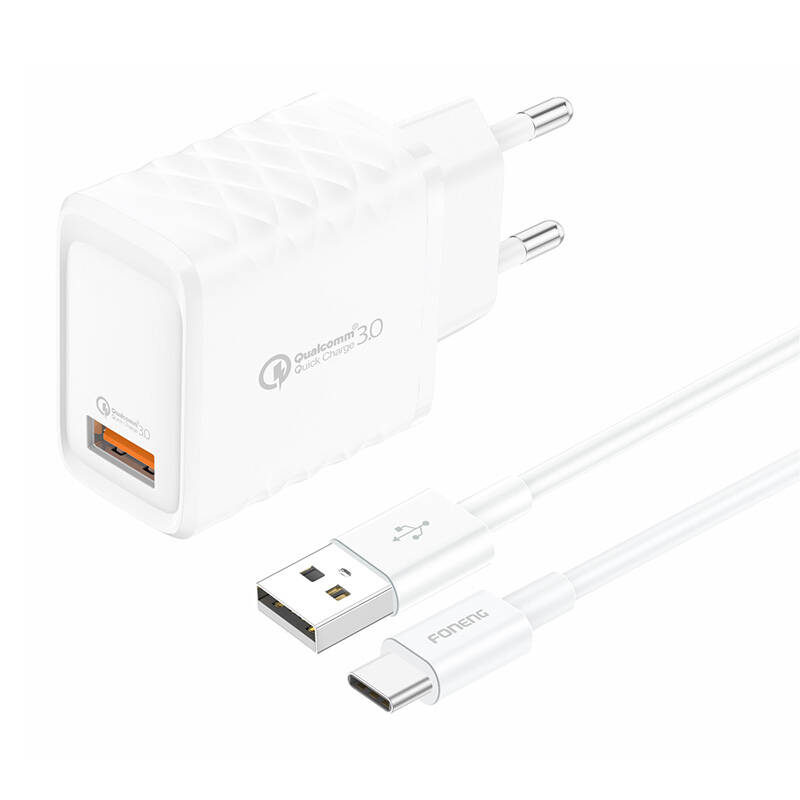 Foneng EU54 USB-A, 3A mrežni punjač (bijeli) + USB-A na USB-C kabel