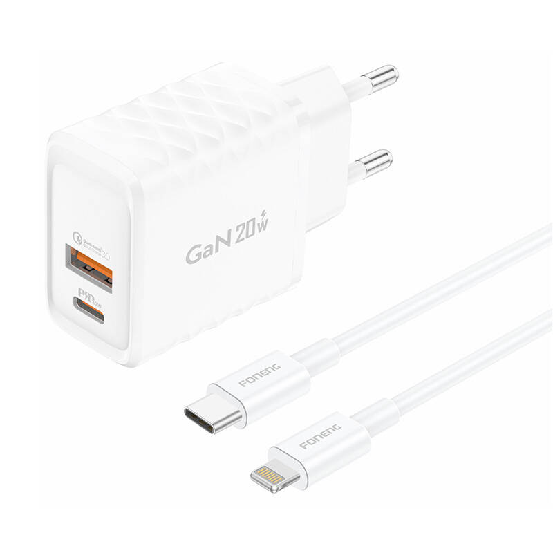 Foneng EU56 1xUSB-A, 1xUSB-C, 20W punjač (bijeli) + USB-A na Lightning kabel