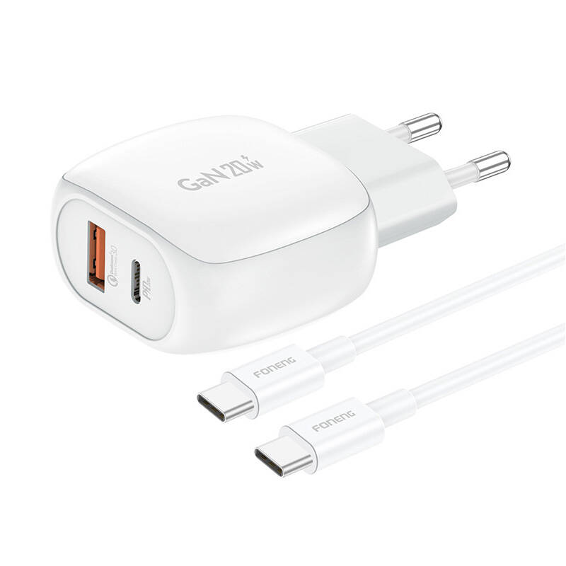 Foneng EU41 USB-C+USB-A 20W punjač + USB-C-USB-C kabel (bijeli)