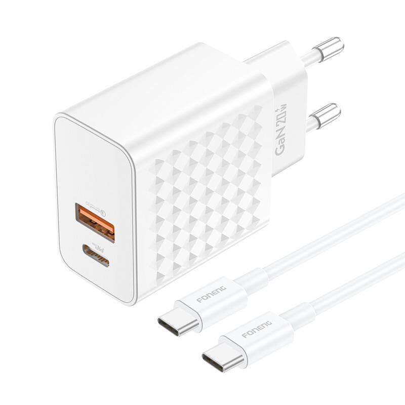 Foneng EU42 USB-C+USB-A 20W punjač + USB-C - USB-C kabel (bijeli)