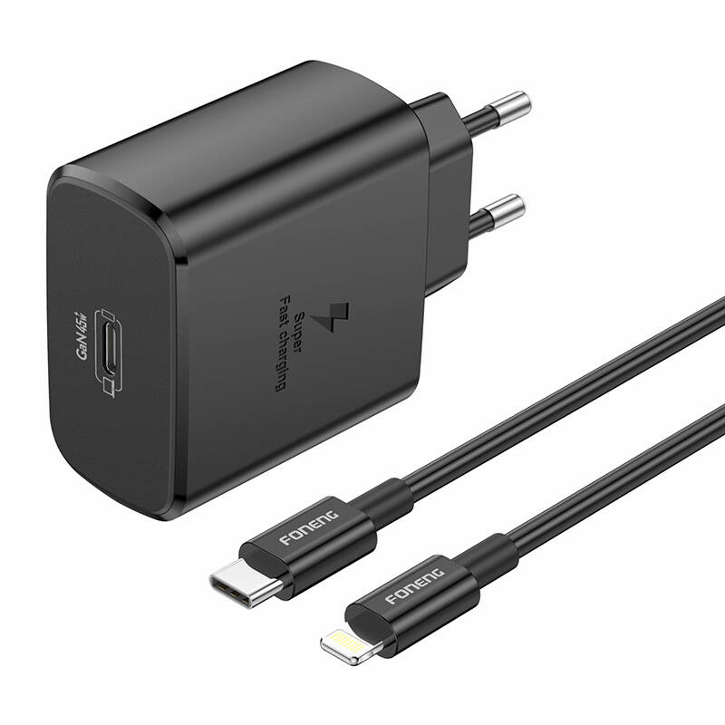 Foneng EU62 USB-C 45W punjač + USB-C na Lightning kabel (crni)