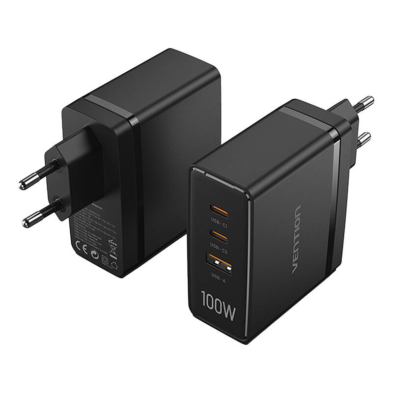 Vention FEGB0-EU 2xUSB-C 1xUSB-A 100W/100W/30W GaN mrežni punjač (crni)