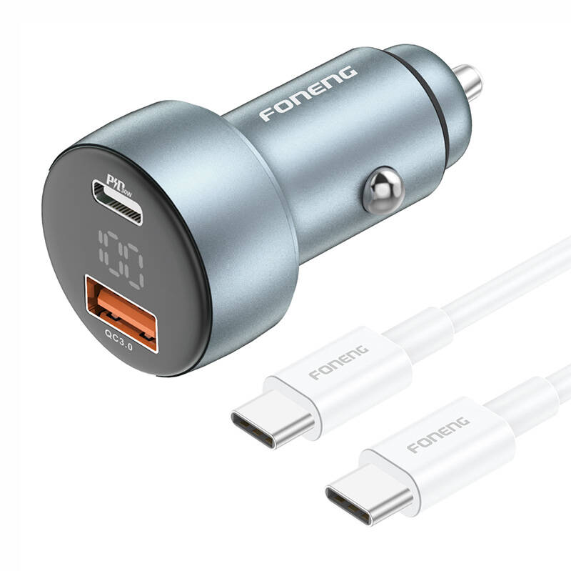 Foneng C18 1xUSB-A, 1xUSB-C 2.4A 48W auto punjač (sivo) + USB-C na USB-C kabel