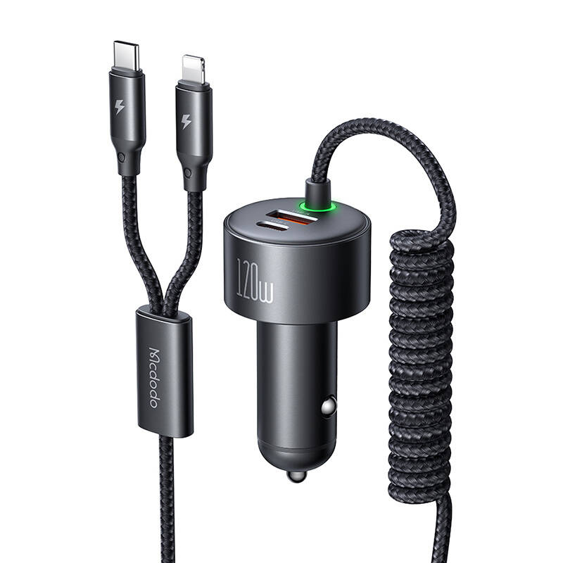 McDodo CC-0370 punjač automobila, USB-C, Lightning, 120W, uvlačivi kabeli