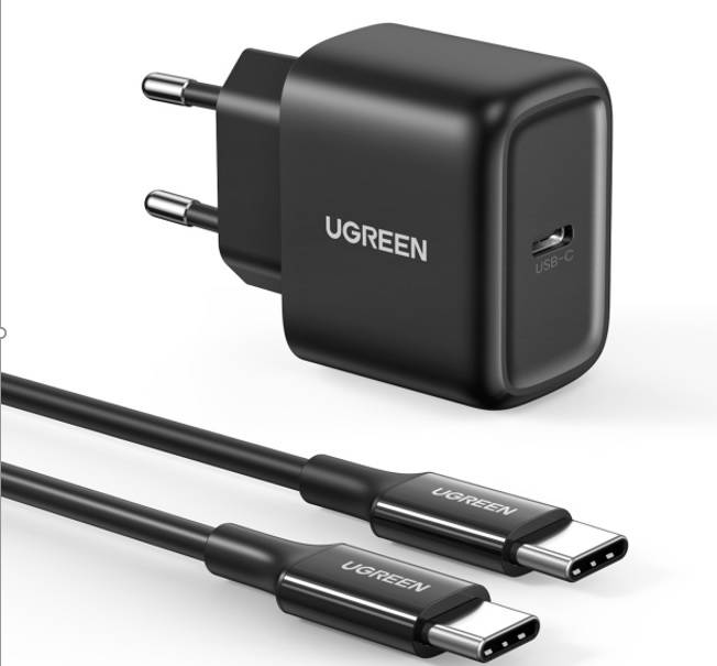 Zidni punjač UGREEN CD250, 25W, USB-C (crni) + USB-C na USB-C kabel, 2m (crni)