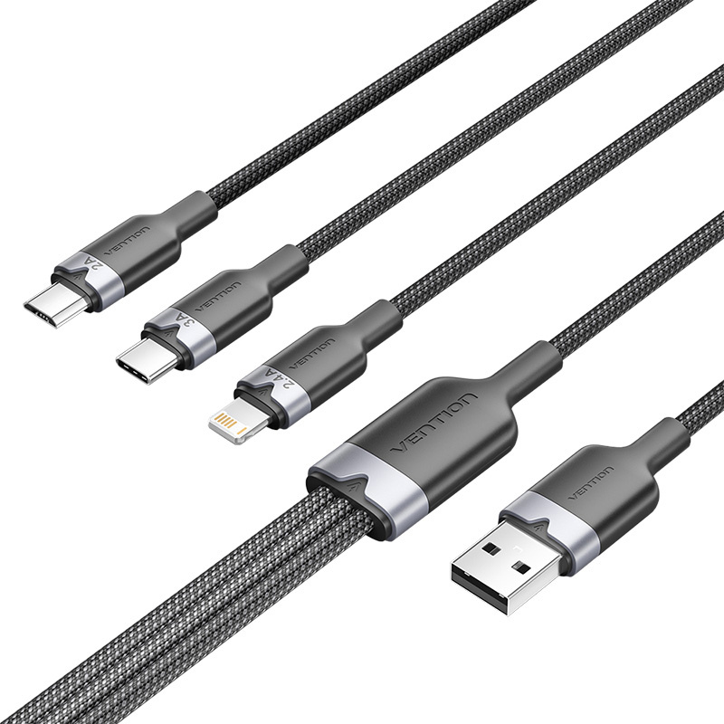 USB 2.0 Mužjak do 3-u-1 USB-C, munja i Micro-B muški kabelski kabel 3A CTPBG 1,5M (paket od 5 komada)