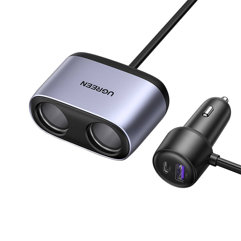 Auto punjač UGREEN CD252 sa dvije utičnice za upaljač, USB + USB-C, 120W (siv)