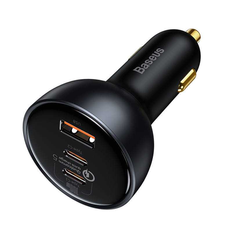 Auto punjač Baseus Qualcomm, USB, 2x USB-C, 160W (sivo)