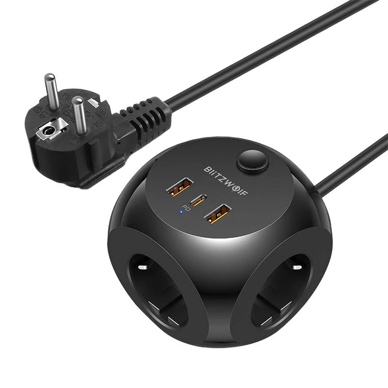 Punjač Blitzwolf s 3 AC utičnice, BW-PC1, 2x USB, 1x USB-C (crni)