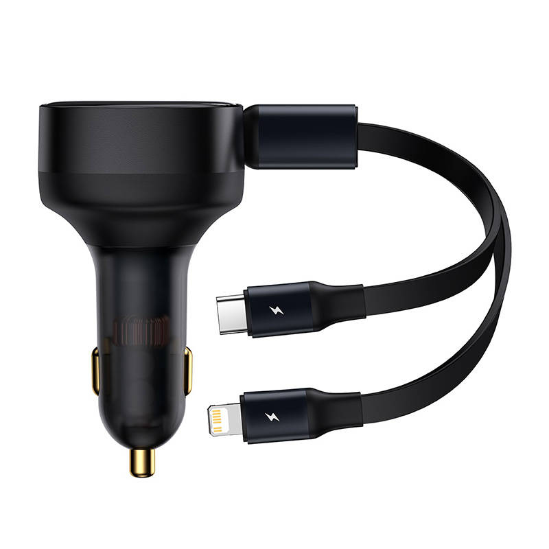 Auto punjač Baseus Enjoyment s kabelom USB-C + Lightning 3A, 30W (crni)