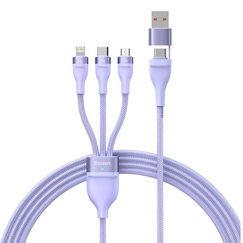 3u1 USB kabel Baseus Flash Series 2, USB-C + micro USB + Lightning, 100 W, 1,2 m (ljubičasti)