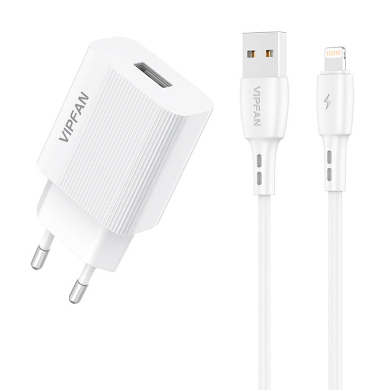 Mrežni punjač Vipfan E01, 1x USB, 2.4A + Lightning kabel (bijeli)