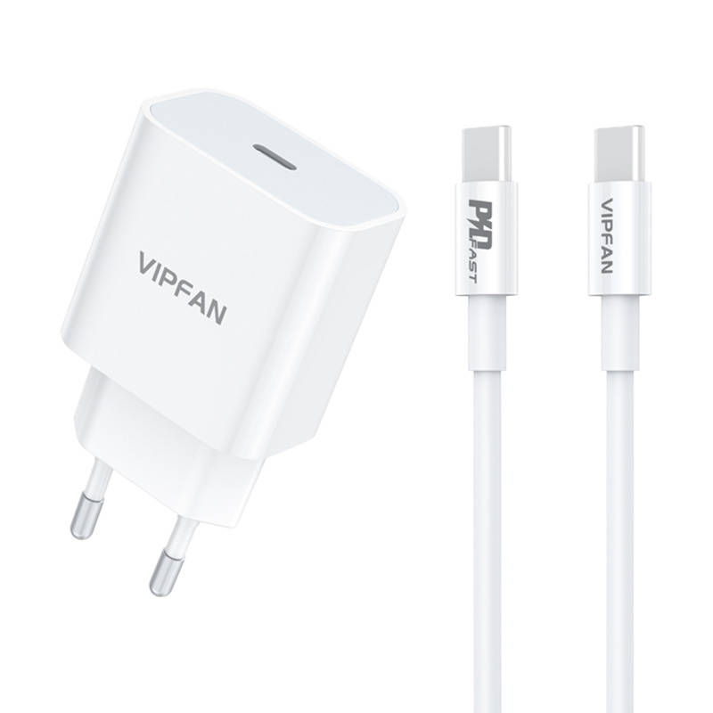 Zidni punjač Vipfan E04, USB-C, 20W, QC 3.0 + USB-C kabel (bijeli) (paket od 5 komada)