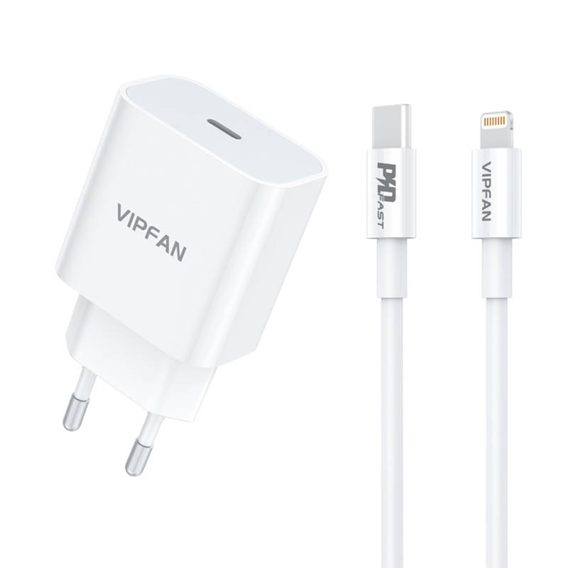 Zidni punjač Vipfan E04, USB-C, 20W, QC 3.0 + Lightning kabel (bijeli) (paket od 5 komada)