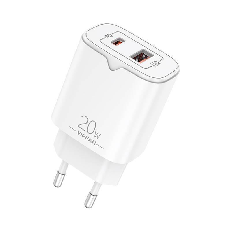 Mrežni punjač Vipfan E08, USB + USB-C, 20W PD + QC 3.0 (bijeli) (paket od 5 komada)