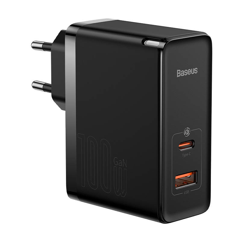 Zidni punjač Baseus GaN USB-C + USB, 100W + 1m kabel (crni)