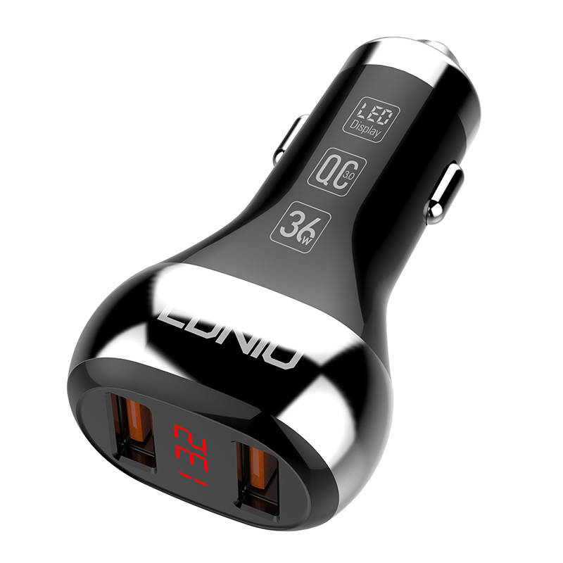 Auto punjač LDNIO C2, 2x USB, QC 3.0, LED, 36W (crni)