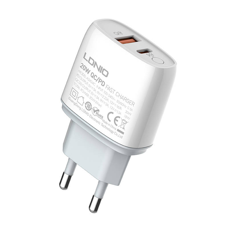 Zidni punjač LDNIO A2424C, USB + USB-C, PD + QC 3.0, 20W (bijeli)