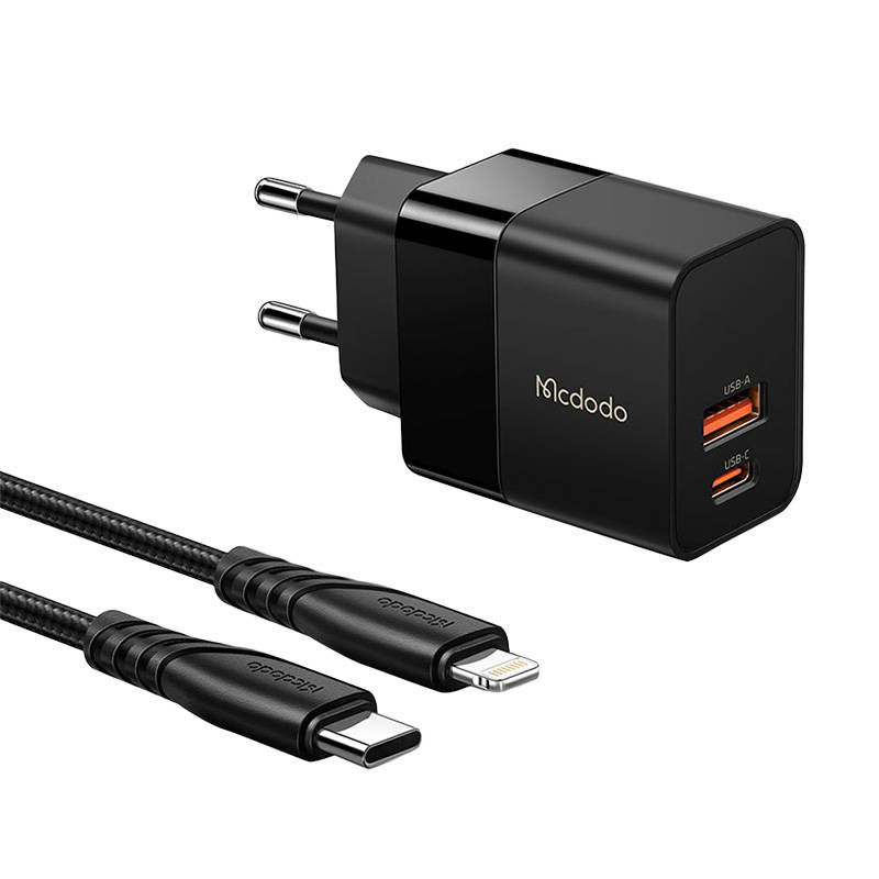 Zidni punjač Mcdodo CH-1952 USB + USB-C, 20W + USB-C na Lightning kabel (crni)