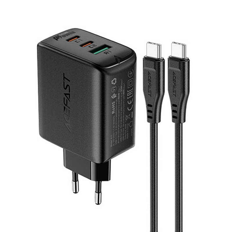 Zidni punjač Acefast A13 PD 65W, 2x USB-C + USB (crni)