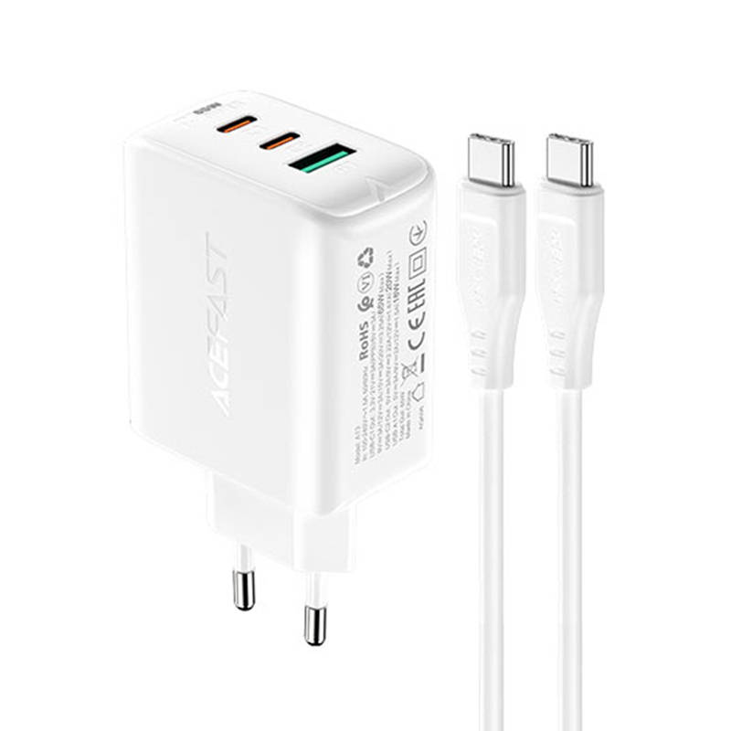 Zidni punjač Acefast A13 PD 65W, 2x USB-C + USB (bijeli)