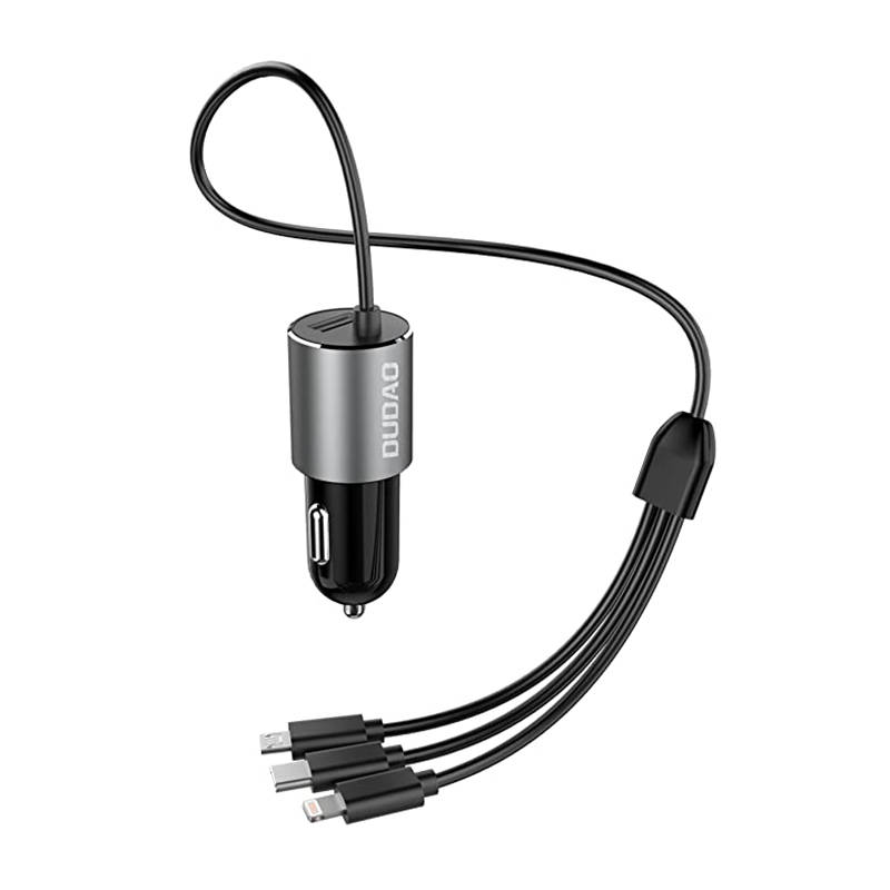 Auto punjač Dudao R5Pro 1x USB, 3.4A + 3u1 USB-C / Micro USB / Lightning kabel (sivo)