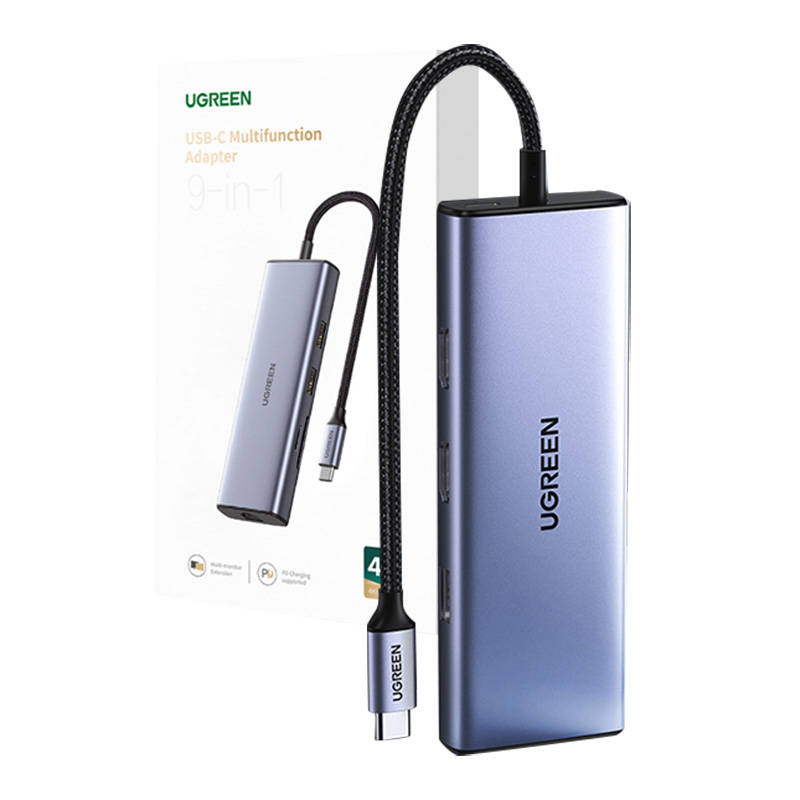 Adapter UGREEN 9-u-1 CM490 Hub USB-C, 2x USB-A 3.0, USB-A 2.0, 2x HDMI 4K/60Hz, SD/TF, RJ45