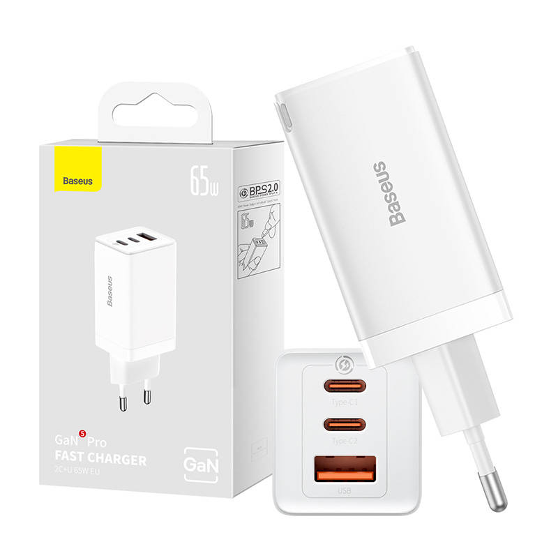 Zidni punjač Baseus GaN5 Pro 2xUSB-C + USB, 65W (bijeli)