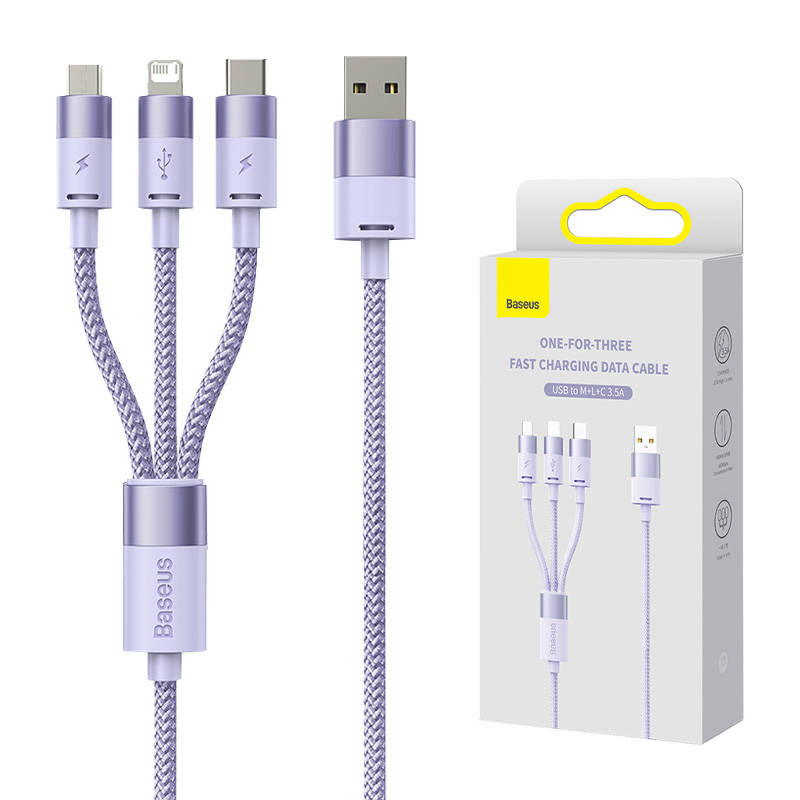 3u1 USB kabel Baseus StarSpeed ​​Series, USB-C + Micro + Lightning 3,5A, 1.2m (ljubičasti)