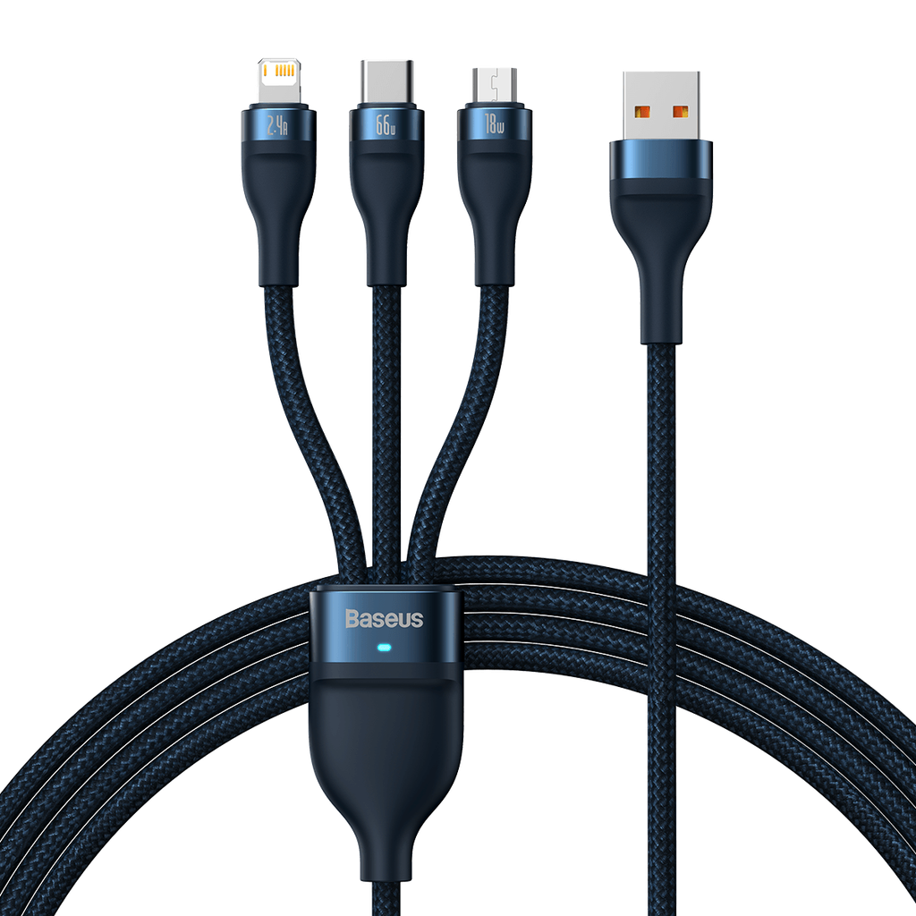 3u1 USB kabel Baseus USB 3u1 Baseus Flash Series, USB-C + Micro + Lightning 66W, 1,2 m (plavi)