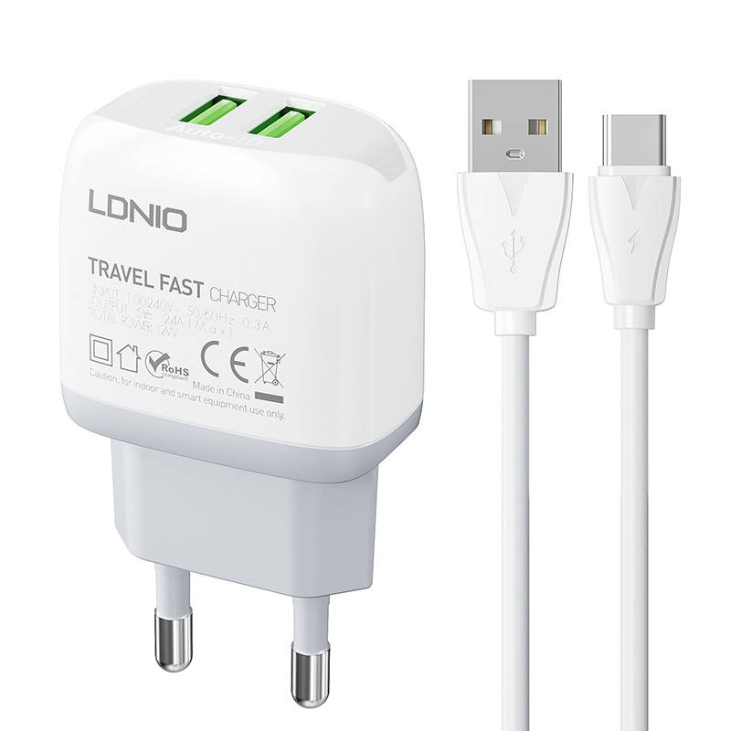 Zidni punjač LDNIO A2219 2USB + USB-C kabel