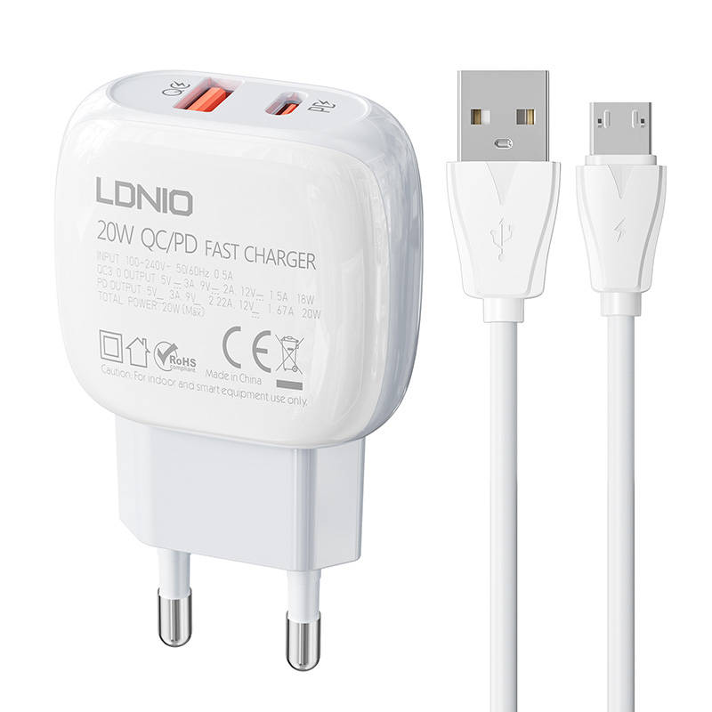 Zidni punjač LDNIO A2313C USB, USB-C 20W + MicroUSB kabel