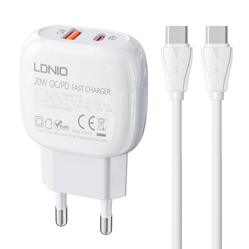 Zidni punjač LDNIO A2313C USB, USB-C + USB-C - USB-C kabel