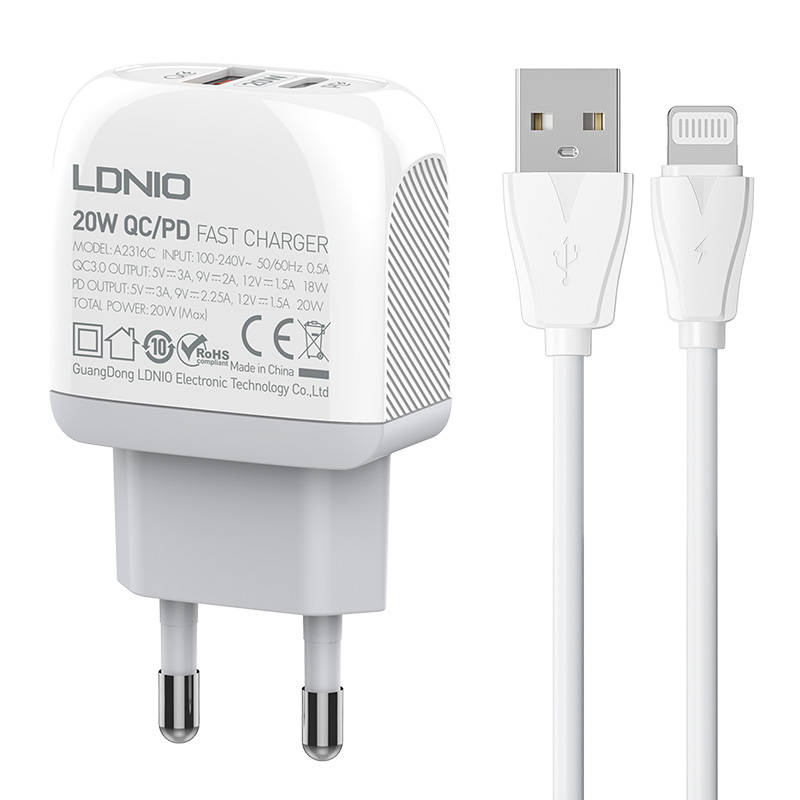 Zidni punjač LDNIO A2316C USB, USB-C + Lightning kabel