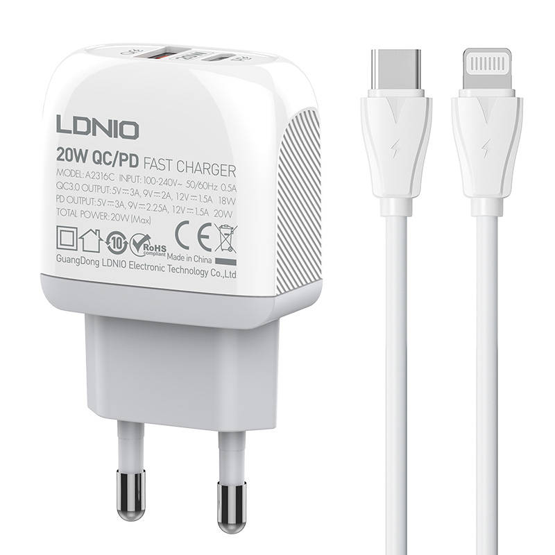 Zidni punjač LDNIO A2313C USB, USB-C + USB-C - Lightning kabel