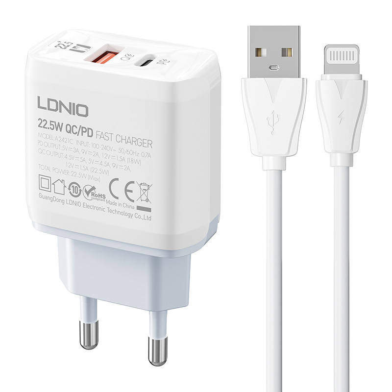 Zidni punjač LDNIO A2421C USB, USB-C 22.5W + Lightning kabel