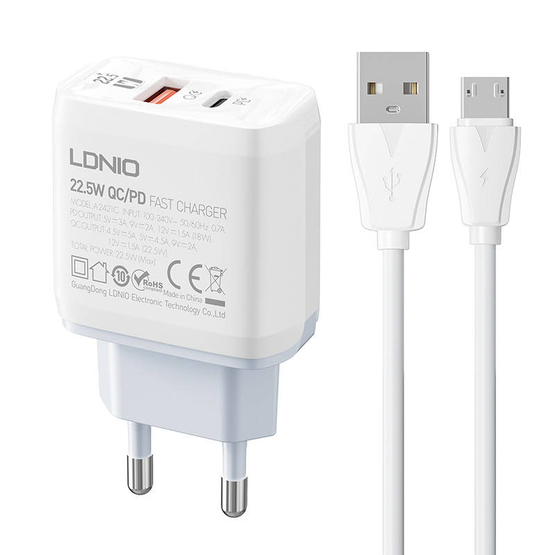 Zidni punjač LDNIO A2421C USB, USB-C 22.5W + MicroUSB kabel