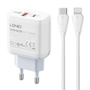 Zidni punjač LDNIO A2421C USB, USB-C 22.5W + USB-C - Lightning kabel