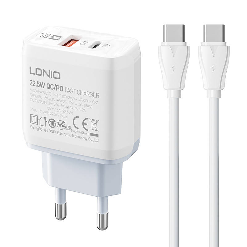 Zidni punjač LDNIO A2421C USB, USB-C 22.5W + USB-C - USB-C kabel