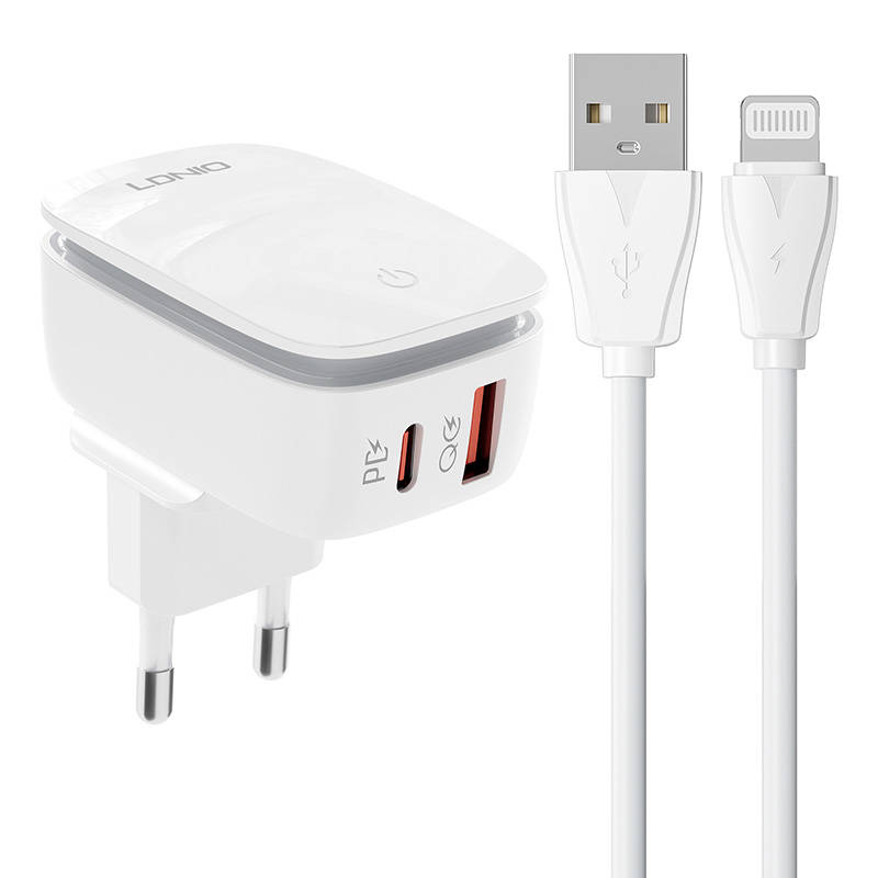 Zidni punjač LDNIO A2425C USB, USB-C + Lightning kabel