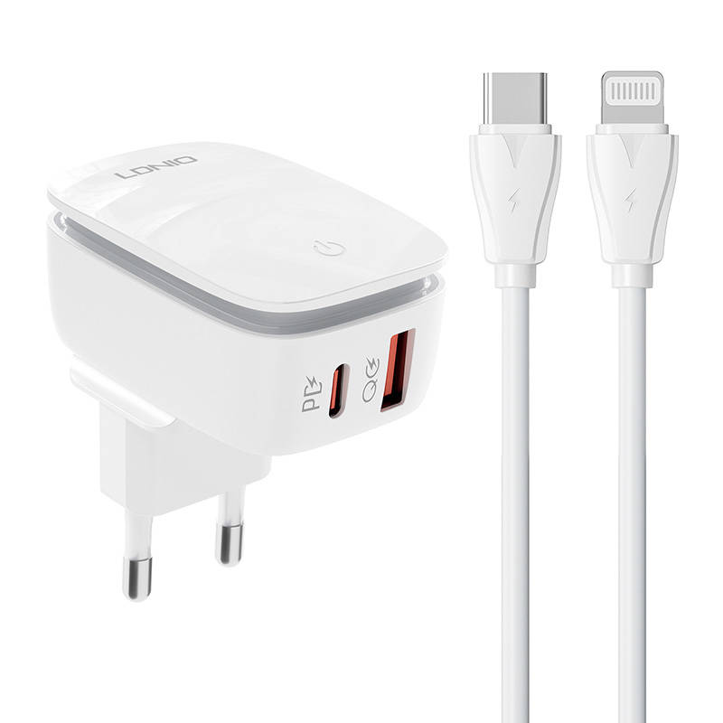 Zidni punjač LDNIO A2425C USB, USB-C + USB-C - Lightning kabel