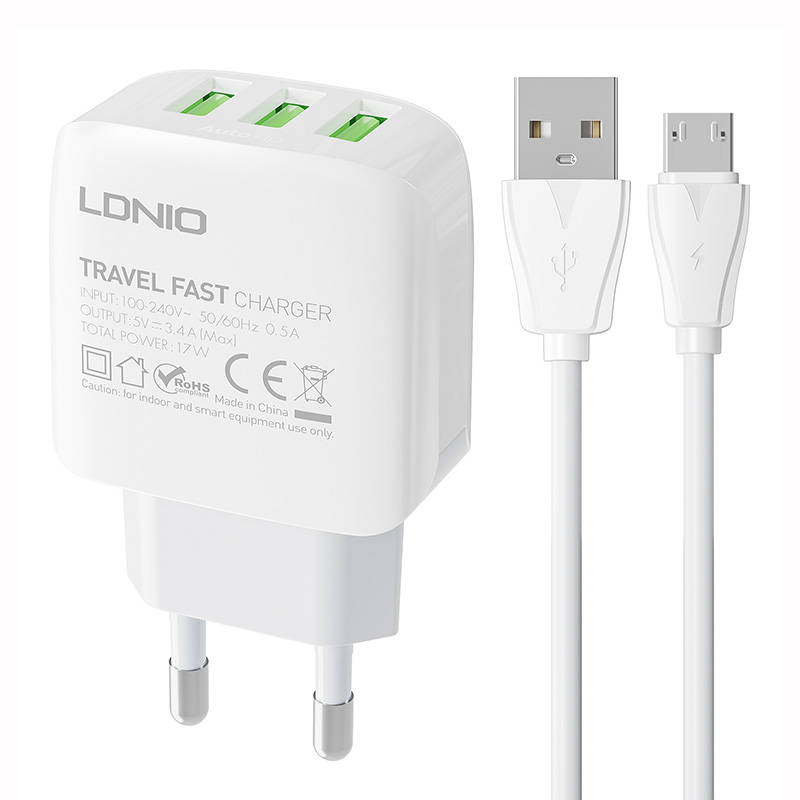 Zidni punjač LDNIO A3312 3USB + MicroUSB kabel