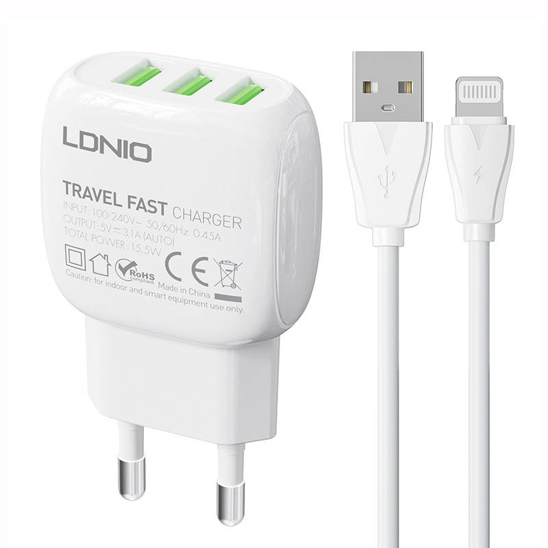 Zidni punjač LDNIO A3315 3USB + Lightning kabel