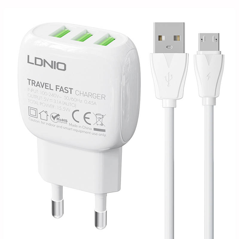 Zidni punjač LDNIO A3315 3USB + MicroUSB kabel