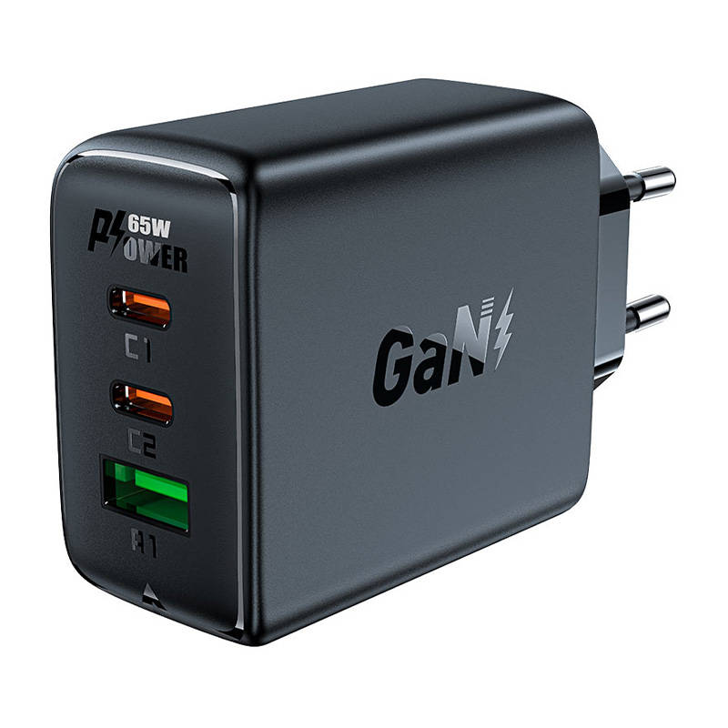 Zidni punjač Acefast A41, 2x USB-C + USB, GaN 65W (crni)