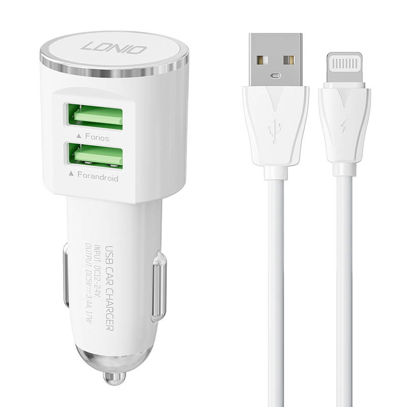 LDNIO DL-C29 auto punjač, ​​2x USB, 3.4A + Lightning kabel (bijeli)