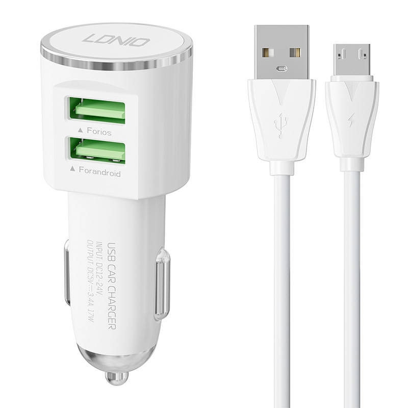 LDNIO DL-C29 auto punjač, ​​2x USB, 3.4A + Micro USB kabel (bijeli)