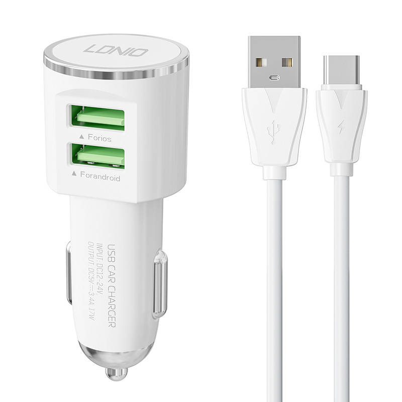 LDNIO DL-C29 auto punjač, ​​2x USB, 3.4A + USB-C kabel (bijeli)